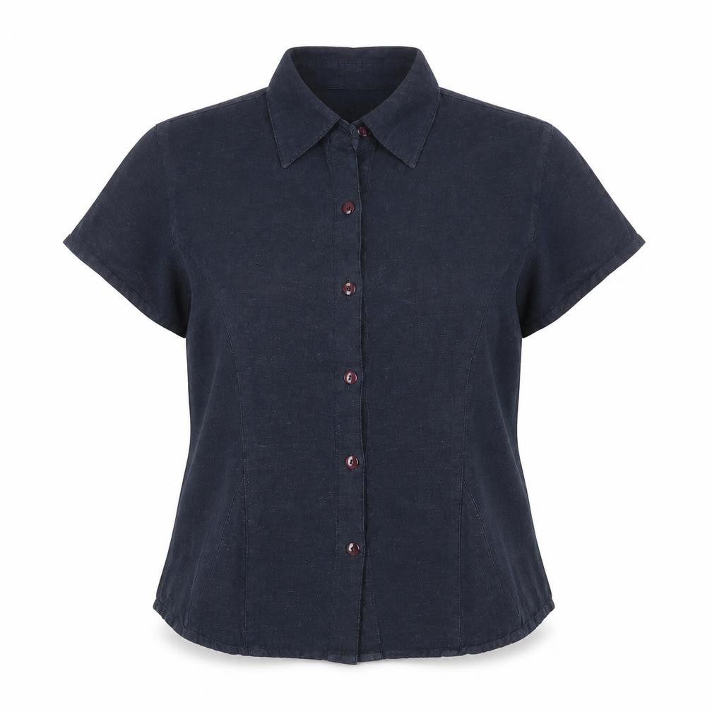 Front view of Spicy women’s blue viscose basic button-up, size UK 16, collared
