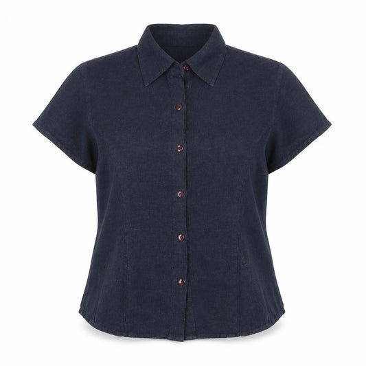 Front view of Spicy women’s blue viscose basic button-up, size UK 16, collared