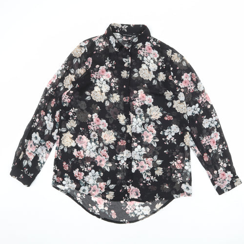 New Look Womens Black Floral Polyester Basic Button-Up Size 8 Collared