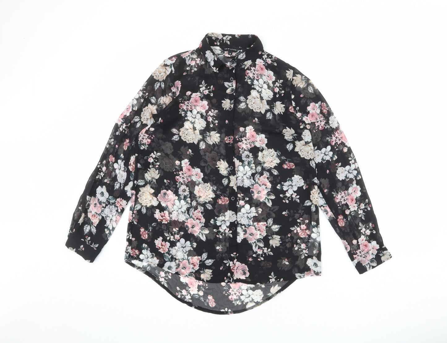 New Look Womens Black Floral Polyester Basic Button-Up Size 8 Collared