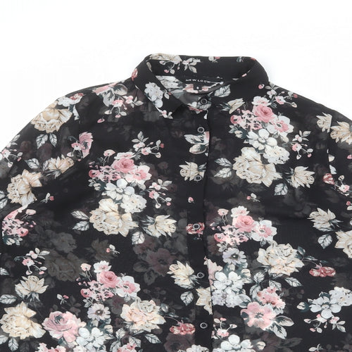 New Look Womens Black Floral Polyester Basic Button-Up Size 8 Collared