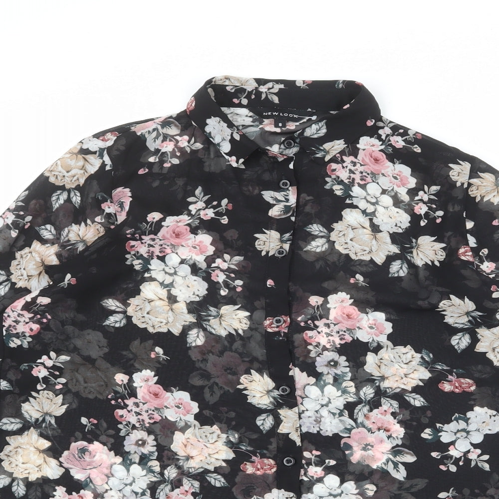 New Look Womens Black Floral Polyester Basic Button-Up Size 8 Collared
