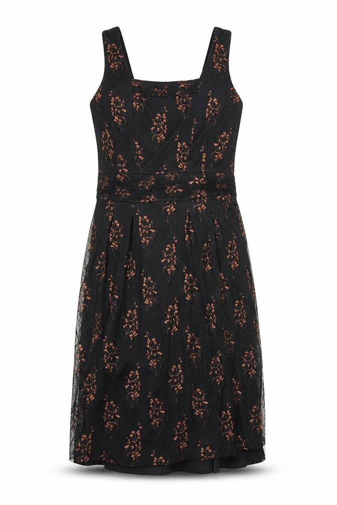 Front view of ICENI women’s black geometric polyester shift, size UK 10, square neck zip