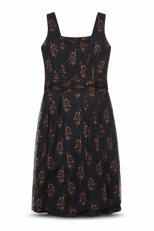 Front view of ICENI women’s black geometric polyester shift, size UK 10, square neck zip
