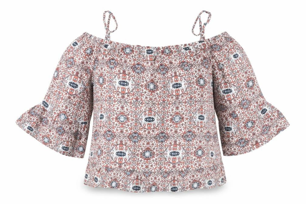Front view of Marks & Spencer women’s multicoloured geometric viscose basic blouse, size UK 12, boat neck