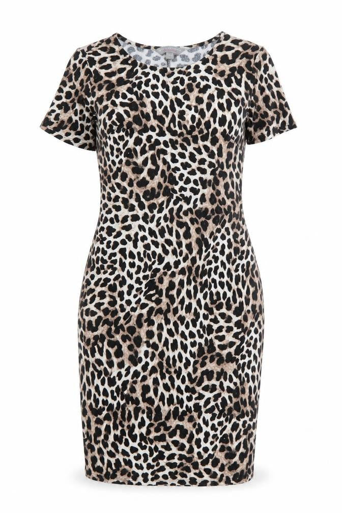 Front view of Dorothy Perkins women’s multicoloured animal print viscose shift, round neck pullover - cheetah pattern