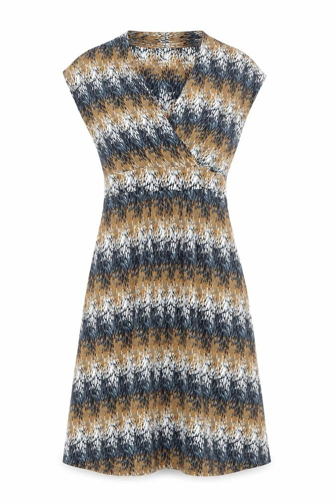 Front view of Monsoon women’s multicoloured geometric viscose a-line, size UK 8, v-neck pullover