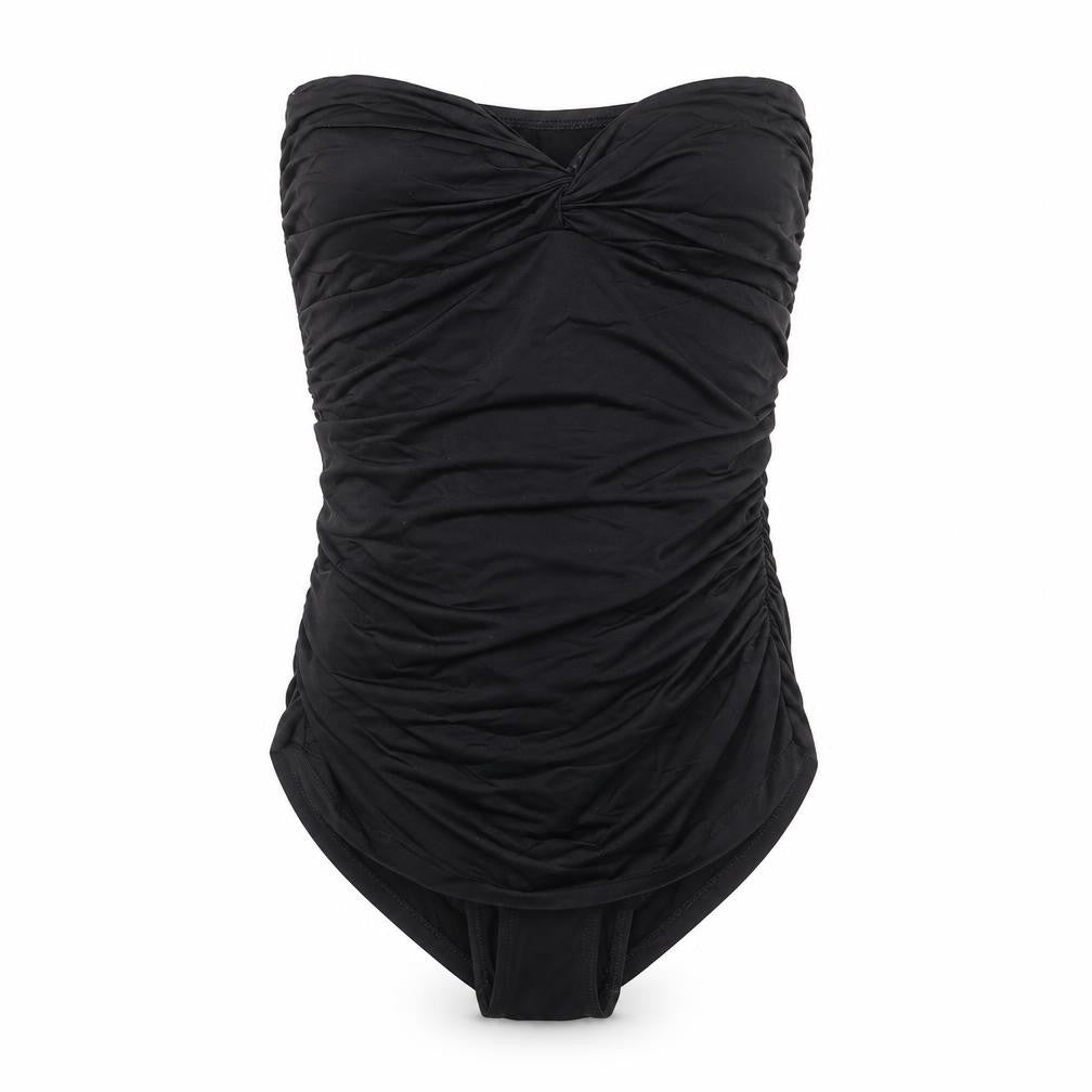 Front view of ASOS women’s black polyamide one piece, size UK 10, - ruched