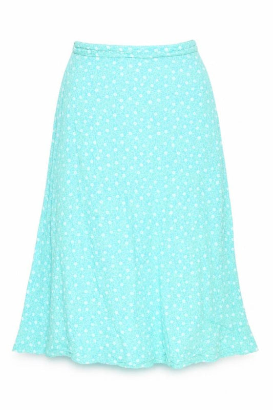 Front view of Warehouse women’s blue floral viscose a-line skirt, size UK 30, in button