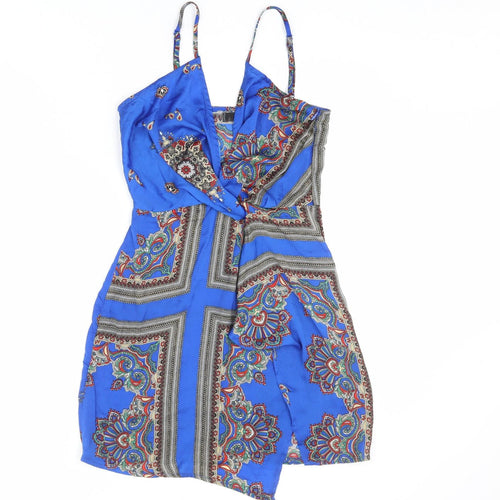 Missguided Womens Blue Geometric Polyester Mini Size 6 V-Neck Zip