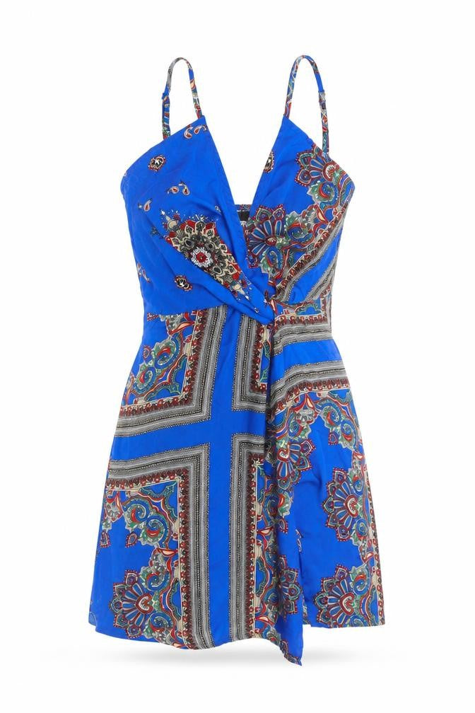 Front view of Missguided women’s blue geometric polyester mini, size UK 6, v-neck zip