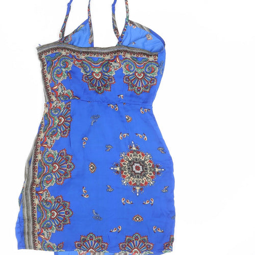 Missguided Womens Blue Geometric Polyester Mini Size 6 V-Neck Zip
