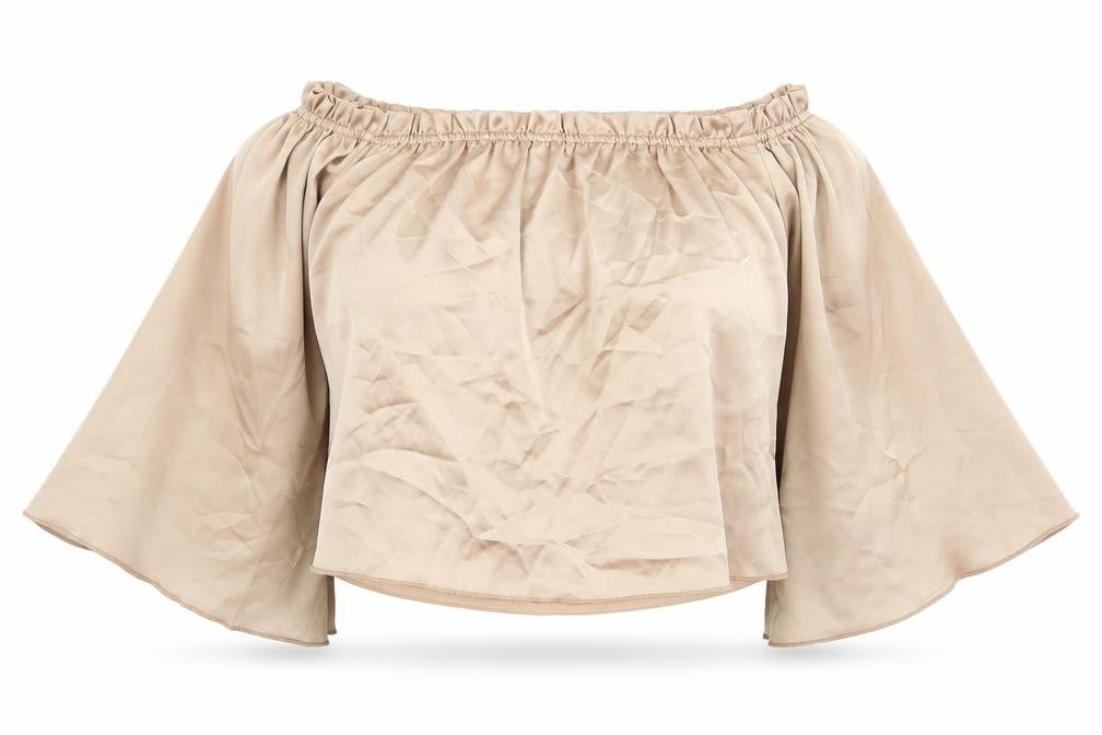 Front view of Diffuse women’s gold polyester cropped blouse, size UK 8, off the shoulder