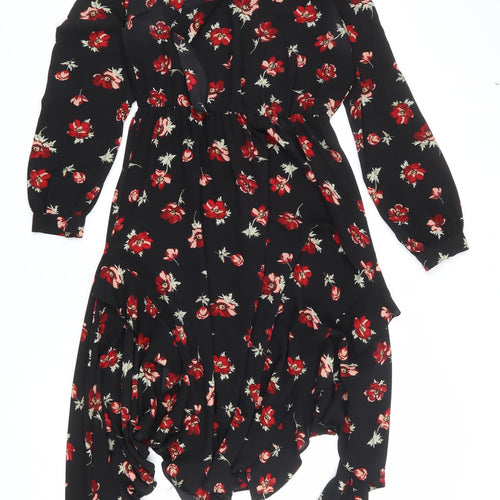 Miss Selfridge Womens Black Floral Polyester A-Line Size 10 Round Neck Button
