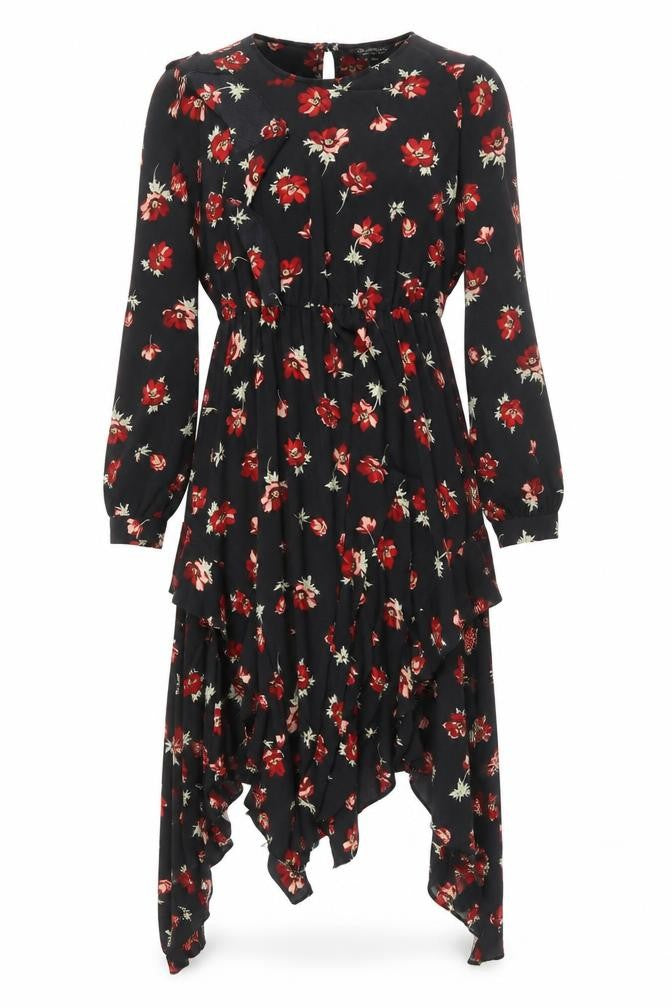 Front view of Miss Selfridge women’s black floral polyester a-line, size UK 10, round neck button