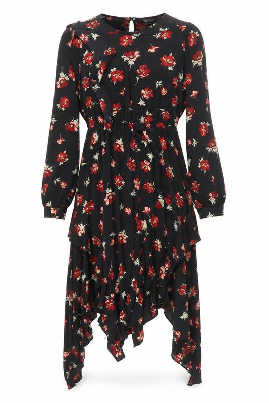Front view of Miss Selfridge women’s black floral polyester a-line, size UK 10, round neck button