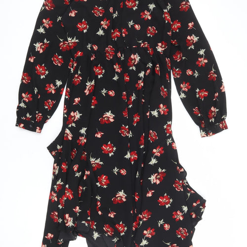 Miss Selfridge Womens Black Floral Polyester A-Line Size 10 Round Neck Button