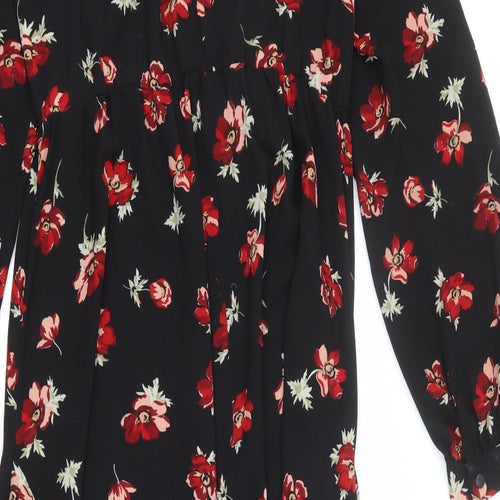 Miss Selfridge Womens Black Floral Polyester A-Line Size 10 Round Neck Button