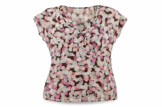 Front view of Marks & Spencer women’s multicoloured geometric viscose basic blouse, size UK 12, v-neck