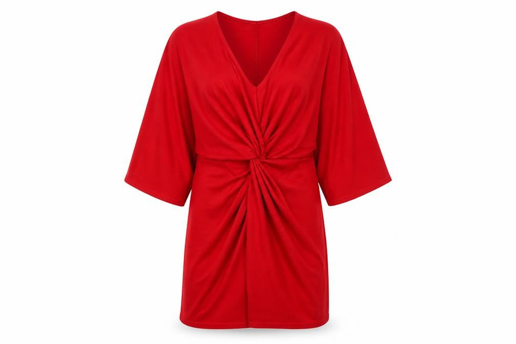 Front view of Quiz women’s red polyester a-line, size UK 10, v-neck pullover - twist detail