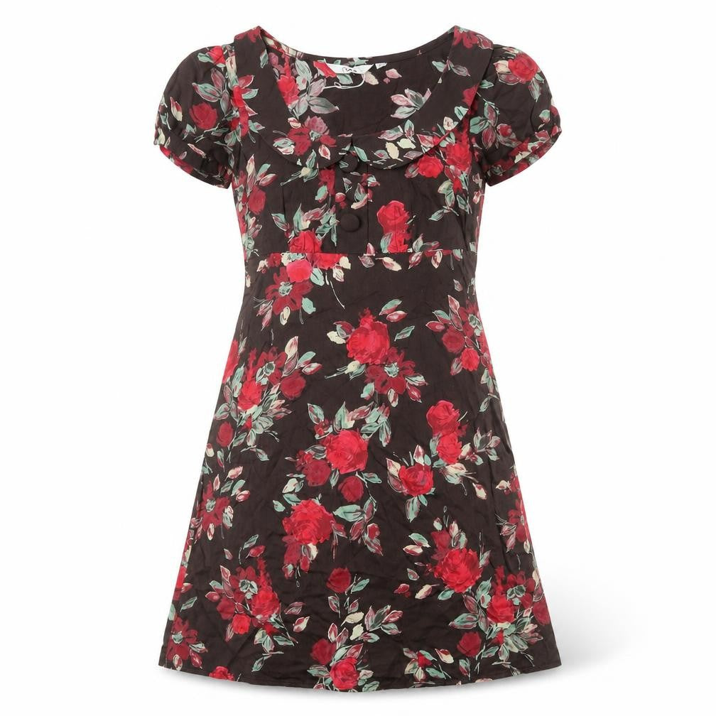 Front view of MK women’s brown floral cotton a-line, size UK 8, collared pullover