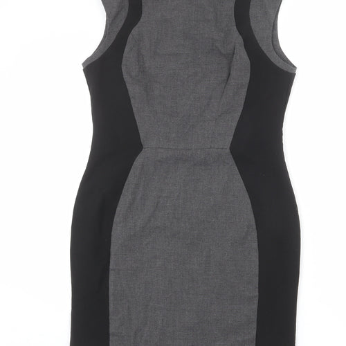 Warehouse Womens Grey Geometric Polyester Shift Size 14 Round Neck Zip