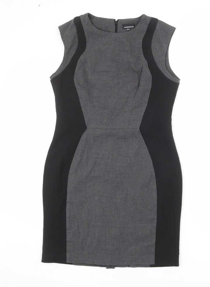 Warehouse Womens Grey Geometric Polyester Shift Size 14 Round Neck Zip