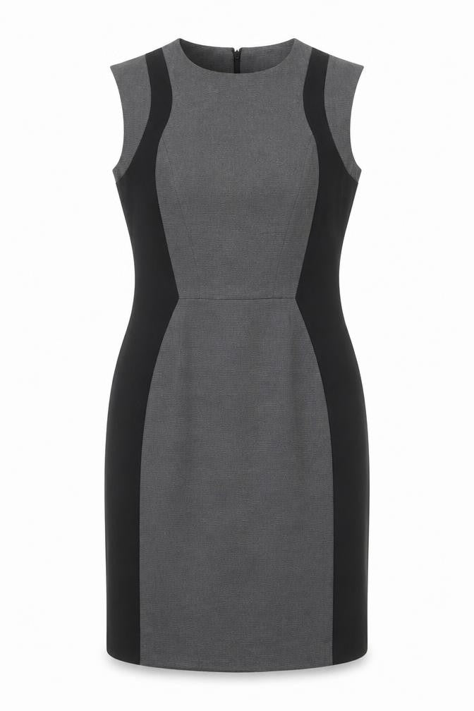 Front view of Warehouse women’s grey geometric polyester shift, size UK 14, round neck zip