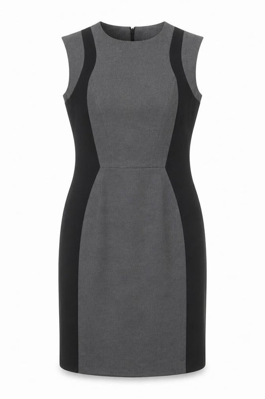 Front view of Warehouse women’s grey geometric polyester shift, size UK 14, round neck zip