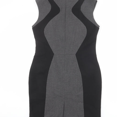 Warehouse Womens Grey Geometric Polyester Shift Size 14 Round Neck Zip