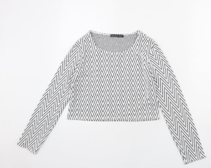 Boohoo Womens Grey Herringbone Viscose Basic T-Shirt Size 10 Round Neck