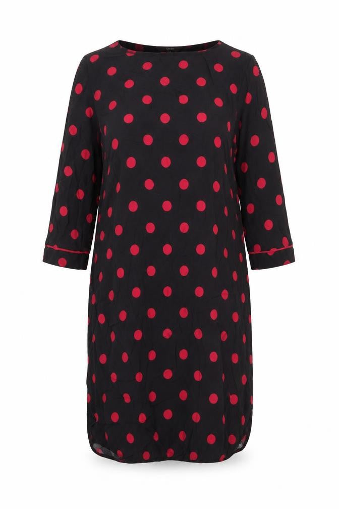 Front view of Next women’s black polka dot viscose shift, size UK 12, round neck pullover