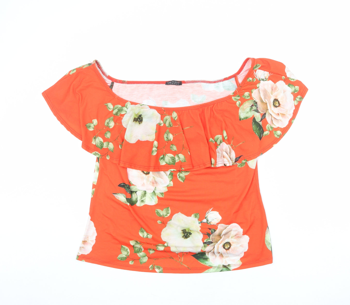 Pink Clove Womens Orange Floral Polyester Basic Blouse Size 16 Boat Neck
