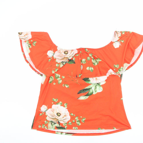 Pink Clove Womens Orange Floral Polyester Basic Blouse Size 16 Boat Neck