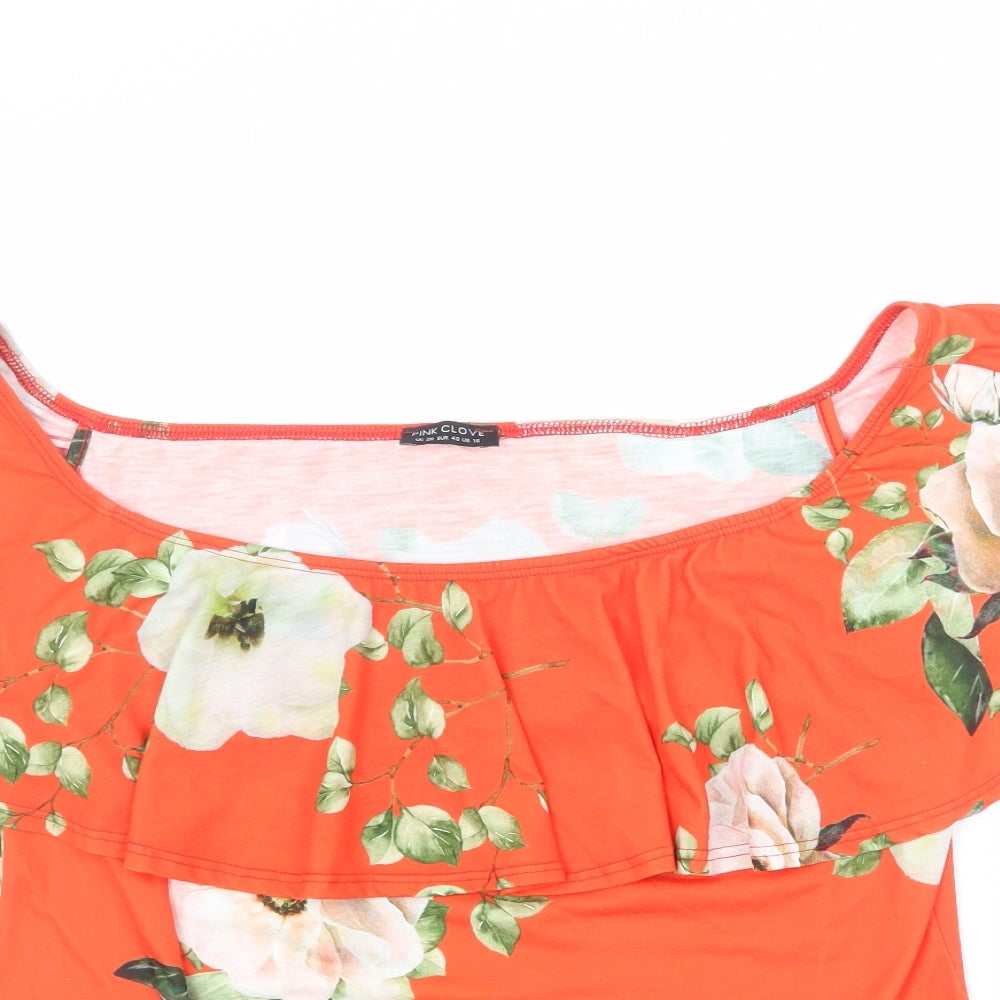 Pink Clove Womens Orange Floral Polyester Basic Blouse Size 16 Boat Neck