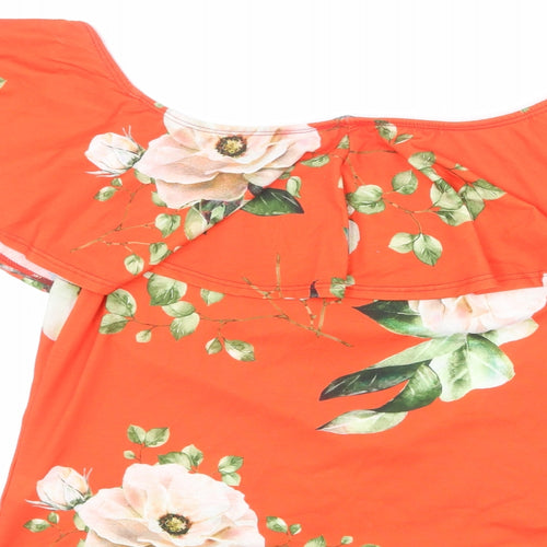 Pink Clove Womens Orange Floral Polyester Basic Blouse Size 16 Boat Neck