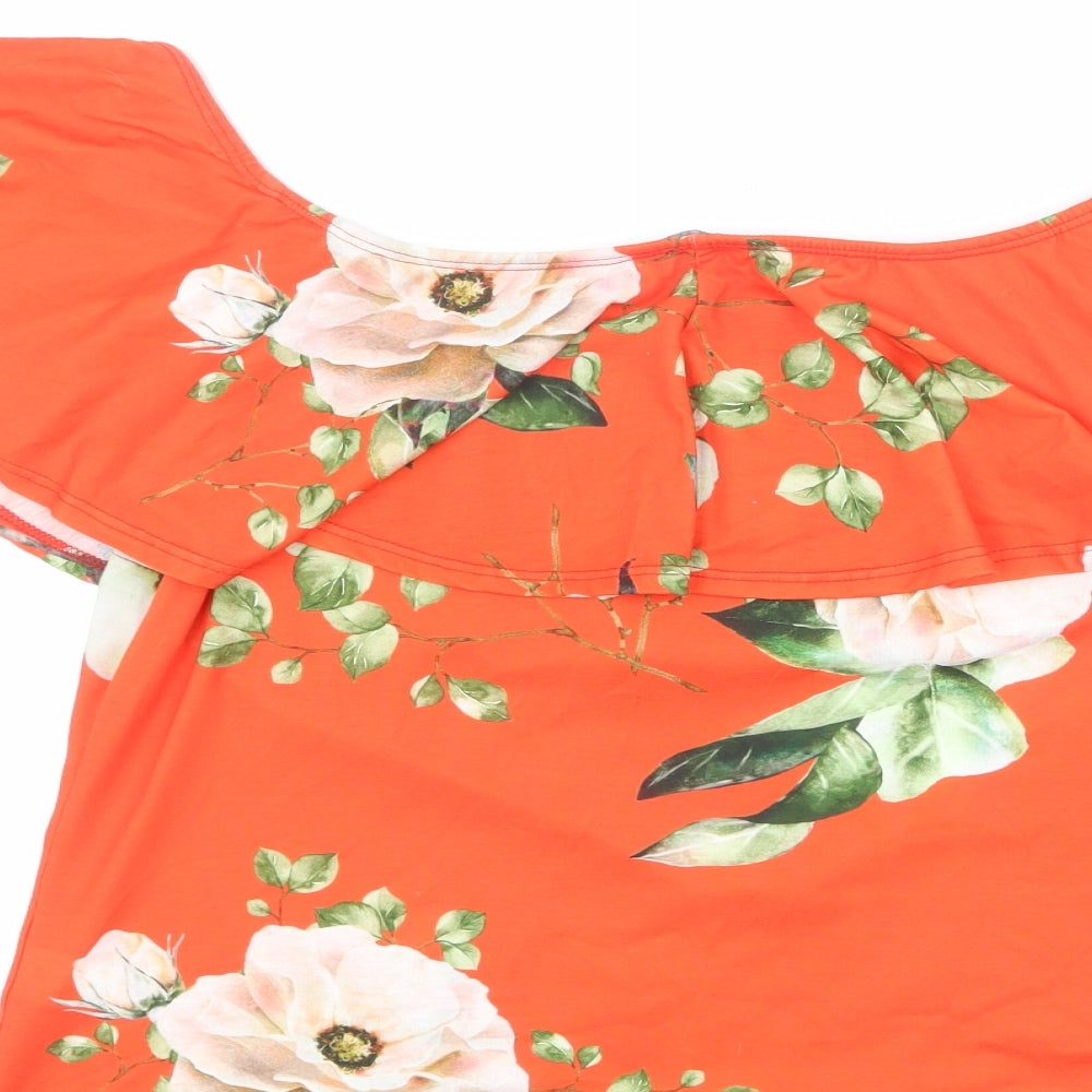 Pink Clove Womens Orange Floral Polyester Basic Blouse Size 16 Boat Neck