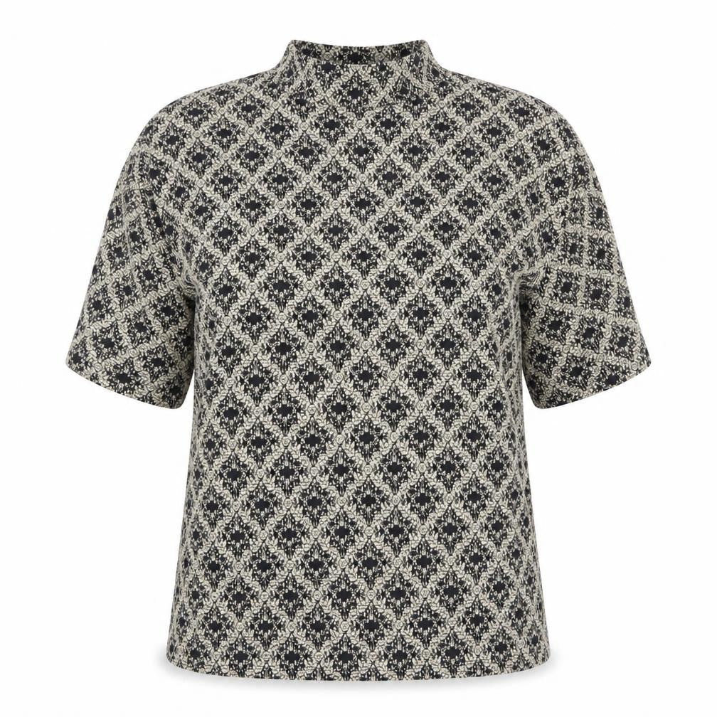 Front view of Wallis women’s gold geometric viscose basic blouse, size UK 16, mock neck