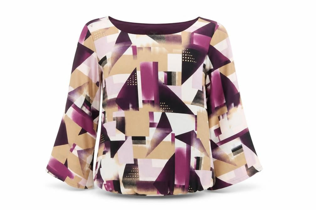 Front view of Alfani women’s multicoloured geometric polyester basic blouse, size UK 6, boat neck - wide sleeve