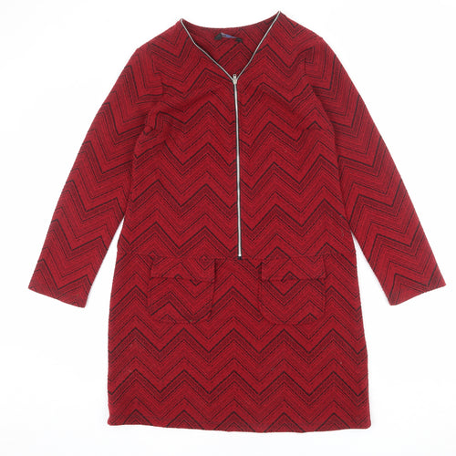 Blue Chameleon Womens Red Geometric Polyester A-Line Size 12 V-Neck Zip