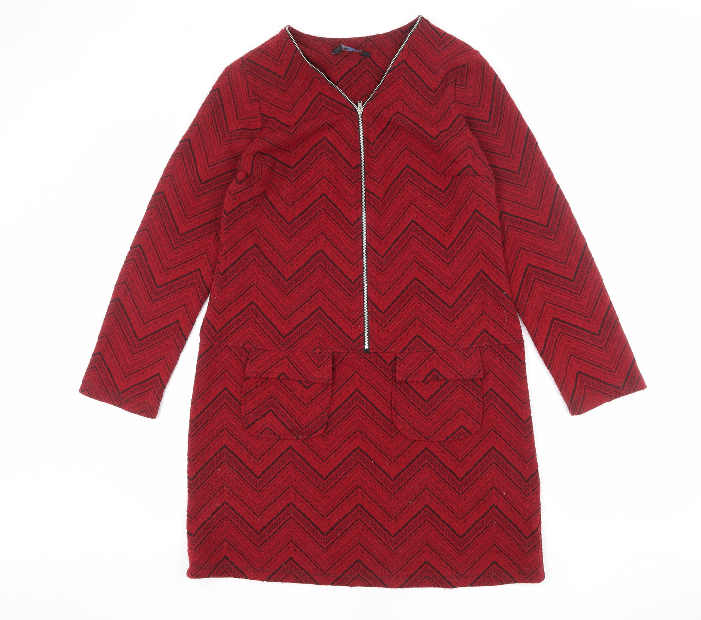 Blue Chameleon Womens Red Geometric Polyester A-Line Size 12 V-Neck Zip
