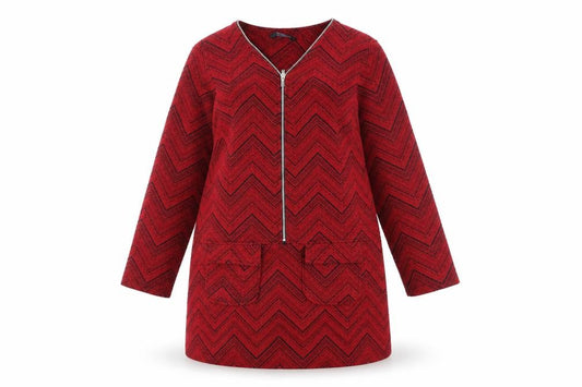 Front view of Blue Chameleon women’s red geometric polyester a-line, size UK 12, v-neck zip