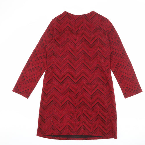 Blue Chameleon Womens Red Geometric Polyester A-Line Size 12 V-Neck Zip