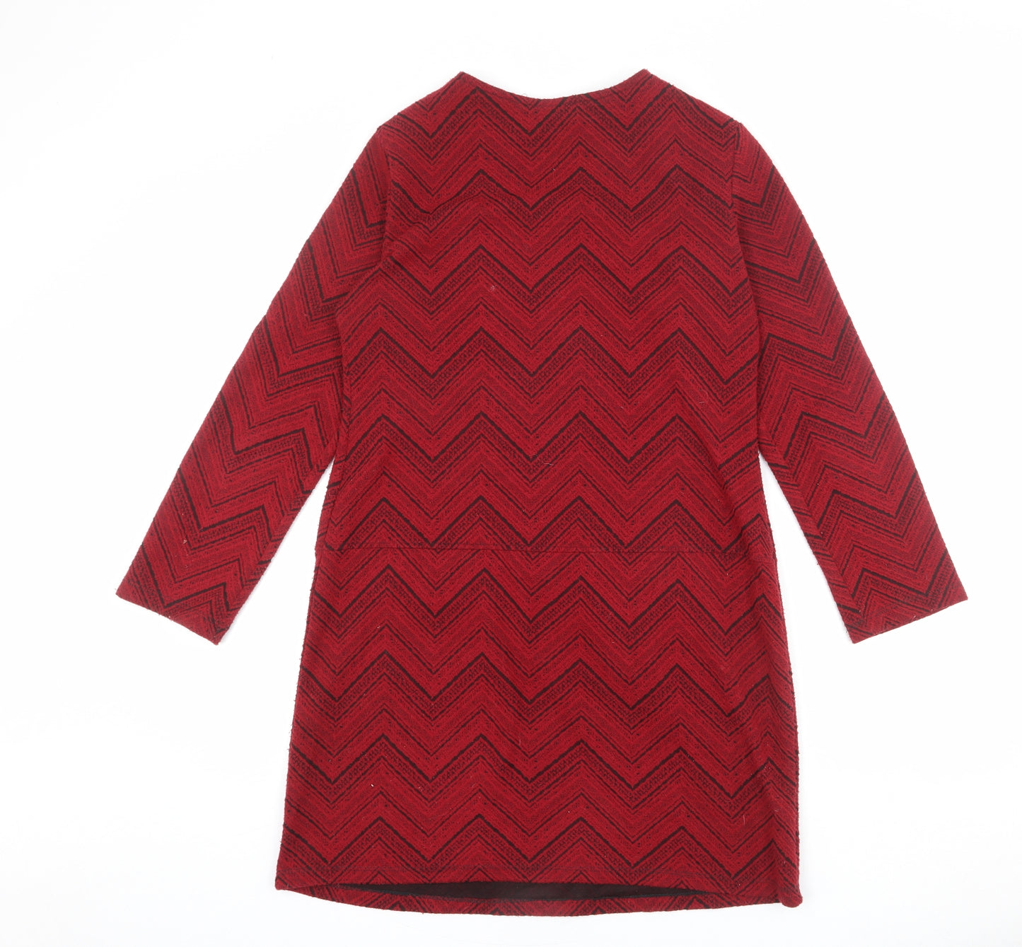 Blue Chameleon Womens Red Geometric Polyester A-Line Size 12 V-Neck Zip