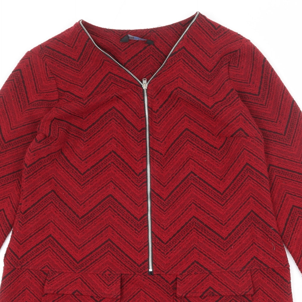 Blue Chameleon Womens Red Geometric Polyester A-Line Size 12 V-Neck Zip