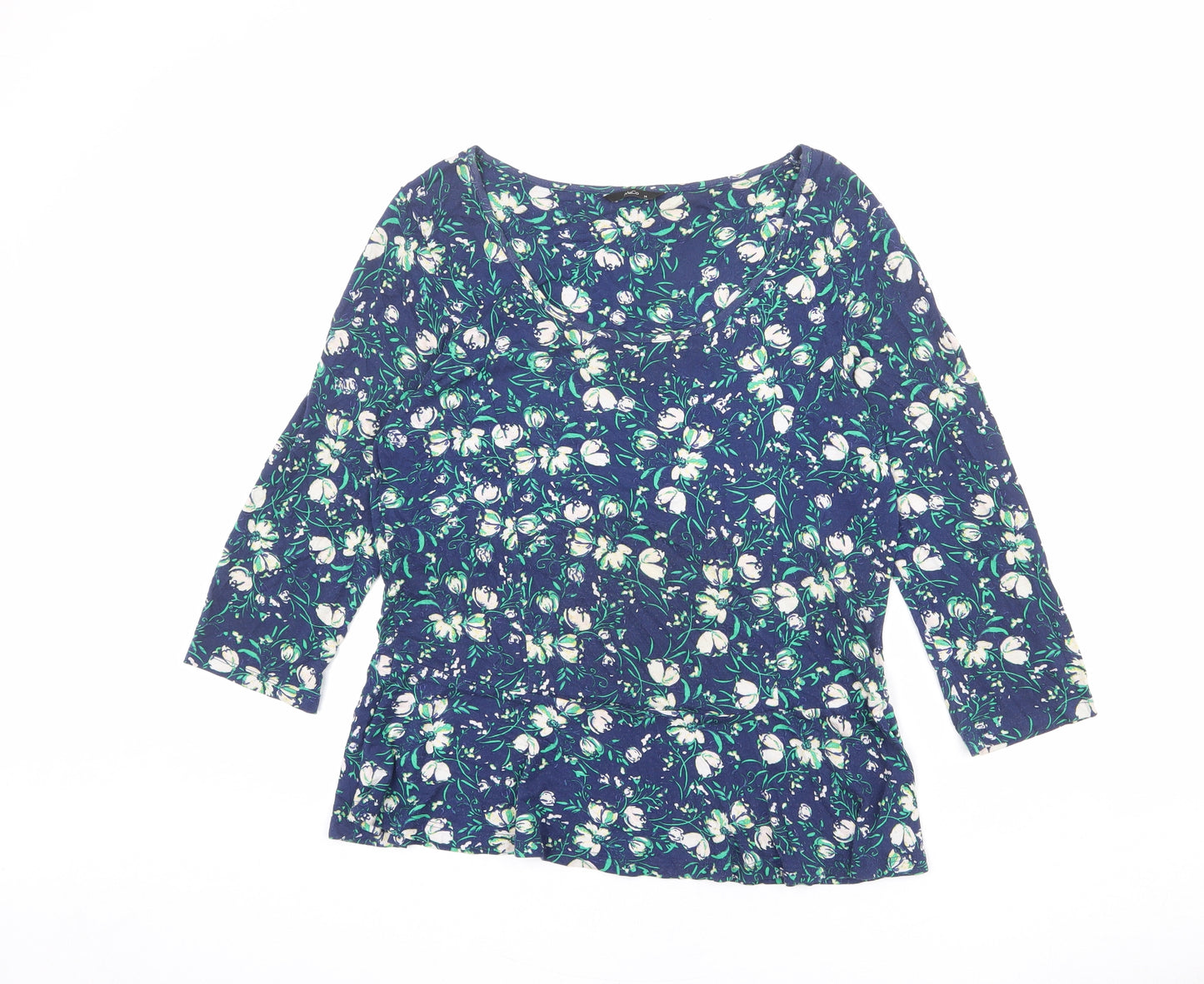 M&Co Womens Blue Floral Viscose Basic T-Shirt Size 14 Boat Neck