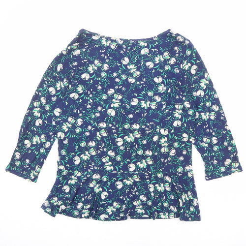 M&Co Womens Blue Floral Viscose Basic T-Shirt Size 14 Boat Neck