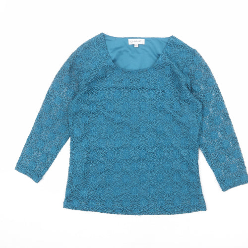 Chianti Womens Blue Nylon Basic Blouse Size 10 Round Neck - Crocheted Lace Overlay