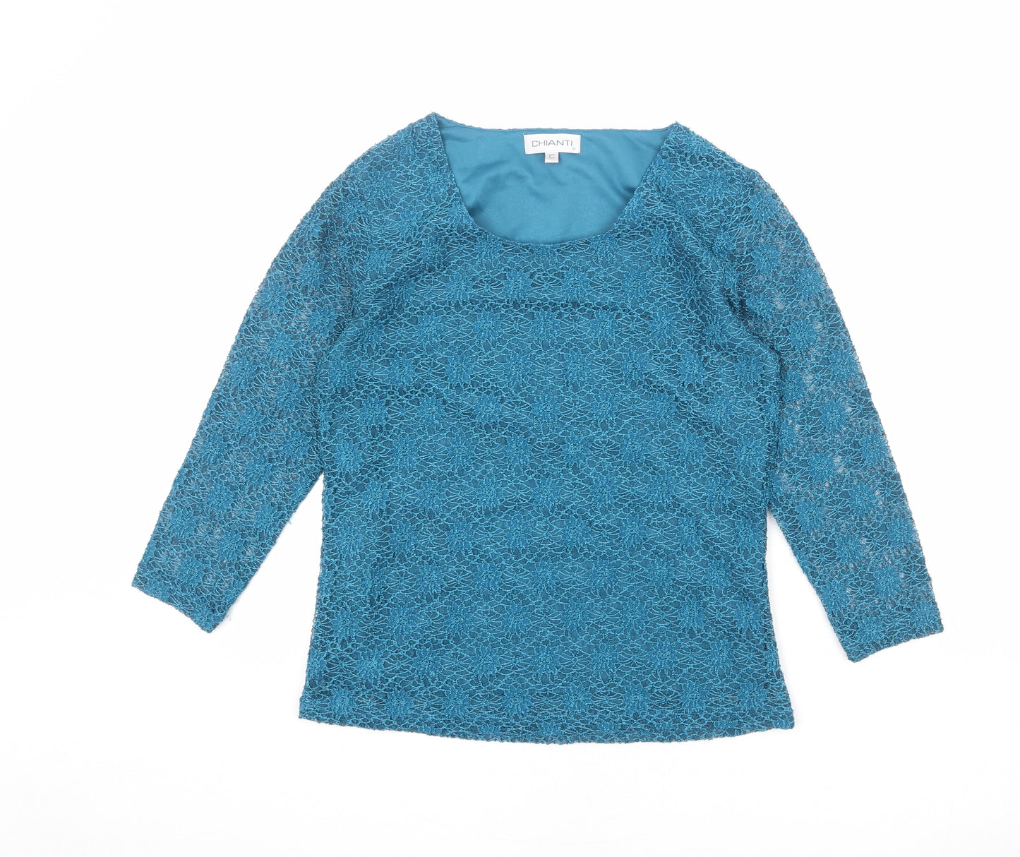 Chianti Womens Blue Nylon Basic Blouse Size 10 Round Neck - Crocheted Lace Overlay