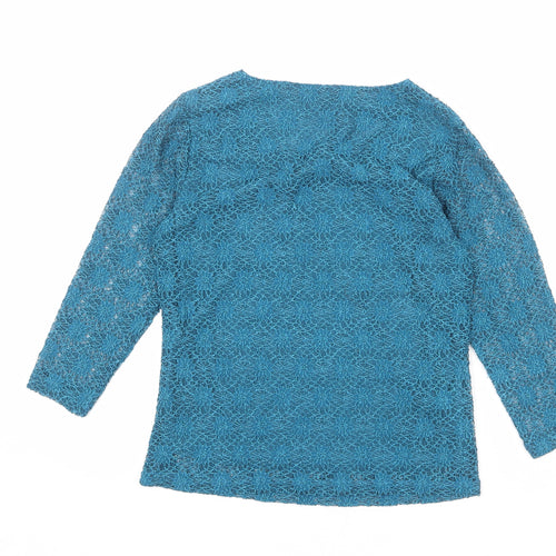 Chianti Womens Blue Nylon Basic Blouse Size 10 Round Neck - Crocheted Lace Overlay